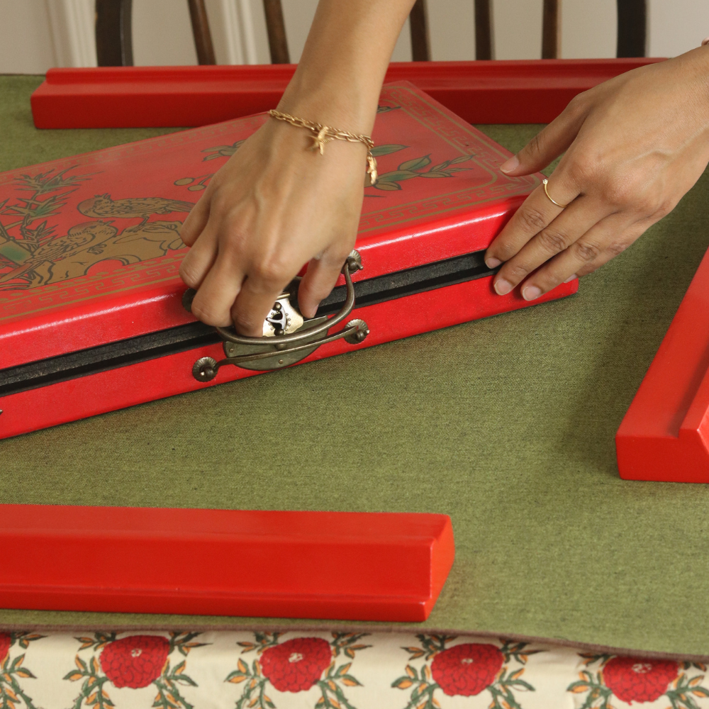 Field of Poppies Mahjong Tablecloth + Serene Sunset & Moss Green Chambray Mahjong Mat