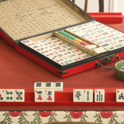 Field of Poppies Mahjong Tablecloth + Serene Sunset & Moss Green Chambray Mahjong Mat