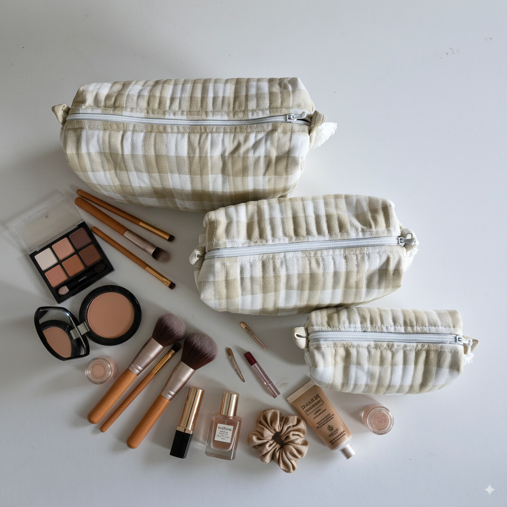 Quilted Pouches - Beige Gingham Checks