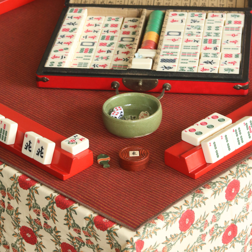 Field of Poppies Mahjong Tablecloth + Serene Sunset & Moss Green Chambray Mahjong Mat