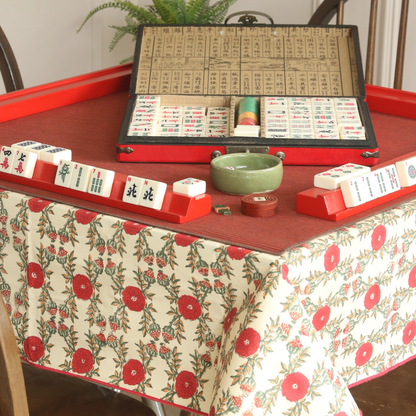 Field of Poppies Mahjong Tablecloth + Serene Sunset & Moss Green Chambray Mahjong Mat