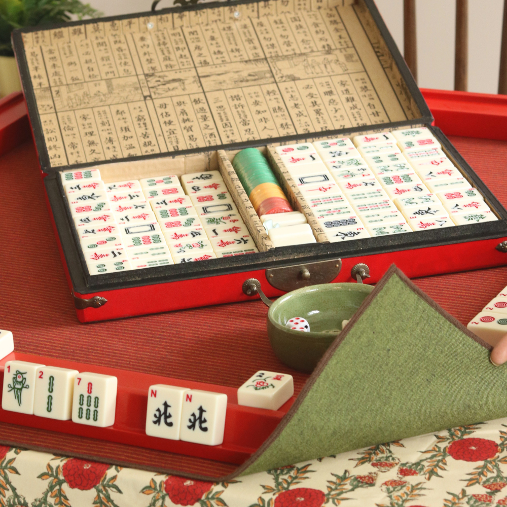 Field of Poppies Mahjong Tablecloth + Serene Sunset & Moss Green Chambray Mahjong Mat
