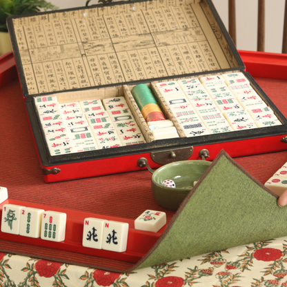 Field of Poppies Mahjong Tablecloth + Serene Sunset & Moss Green Chambray Mahjong Mat