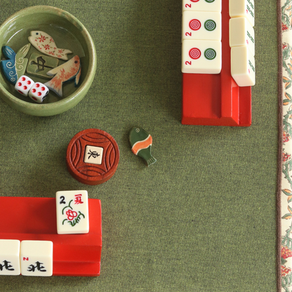Field of Poppies Mahjong Tablecloth + Serene Sunset & Moss Green Chambray Mahjong Mat