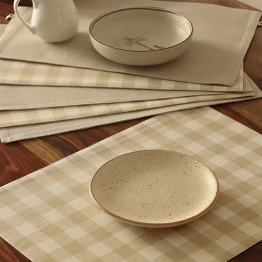 Farmhouse - Beige Gingham Checks Placemats Beige