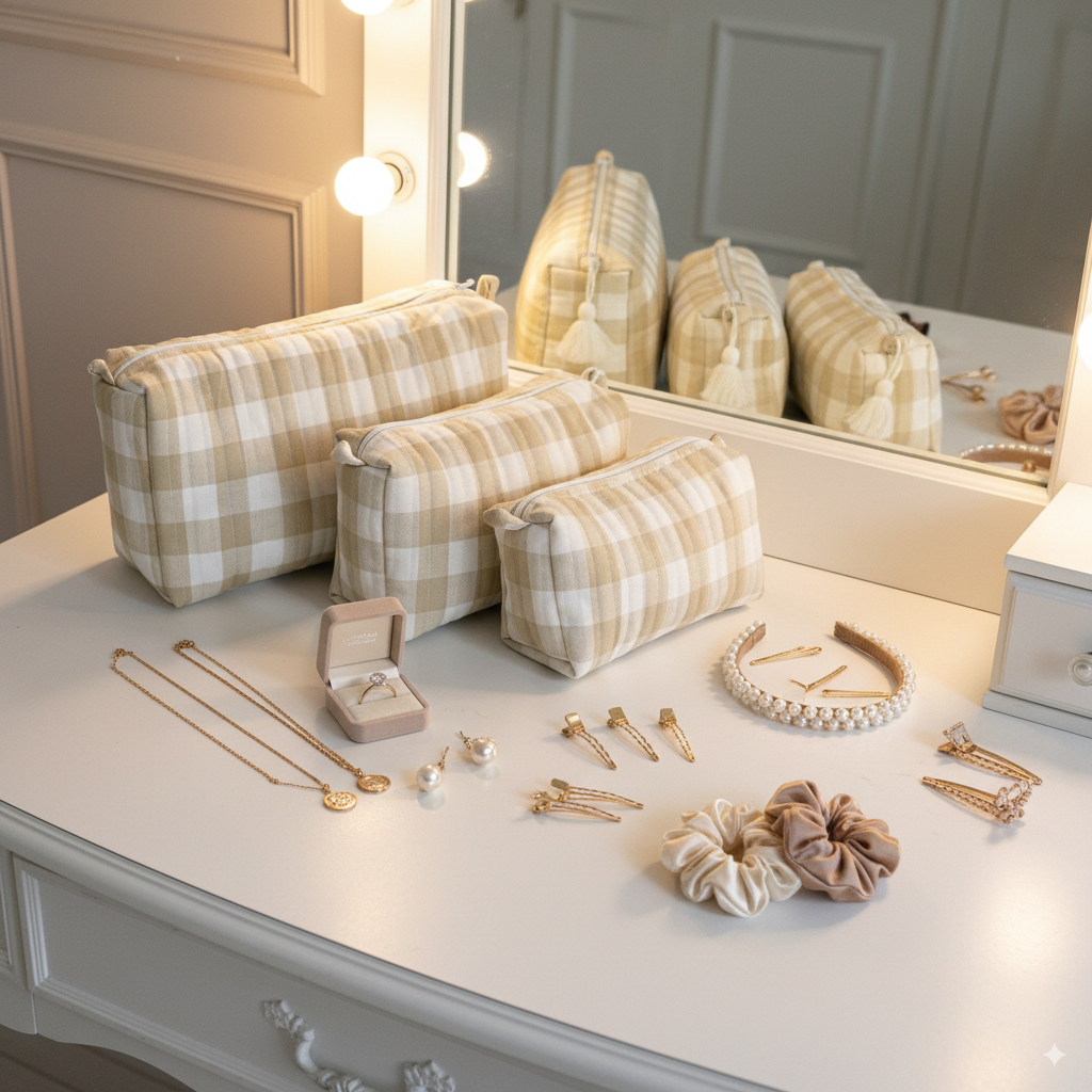 Quilted Pouches - Beige Gingham Checks