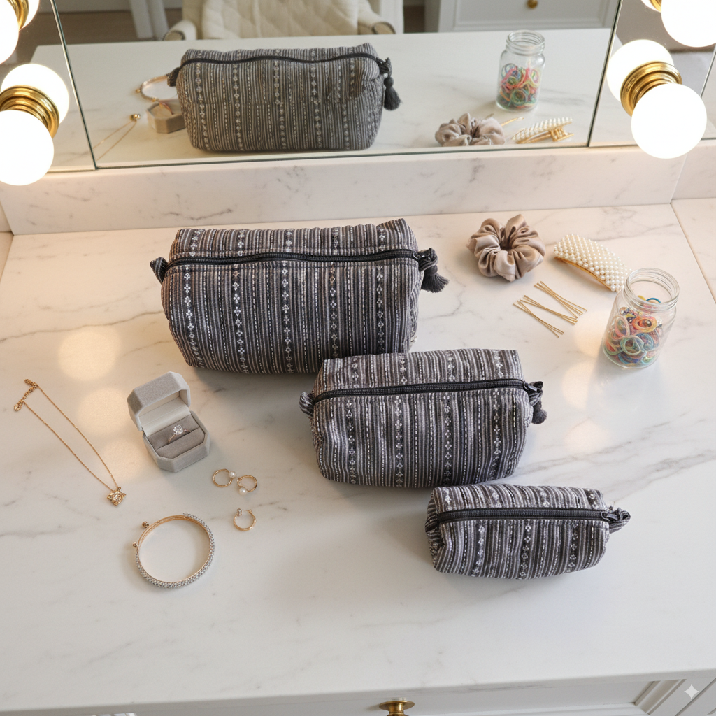 Quilted Pouches - Woven Winter Grey