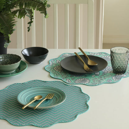 Tranquil Teal & Chevron Placemats Round Scalloped (15") Teal