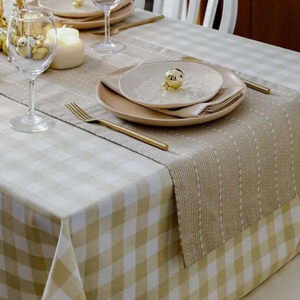 Farmhouse - Beige Gingham Checks Tablecloth