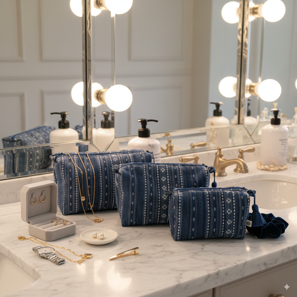 Quilted Pouches - Woven Aegean Blue