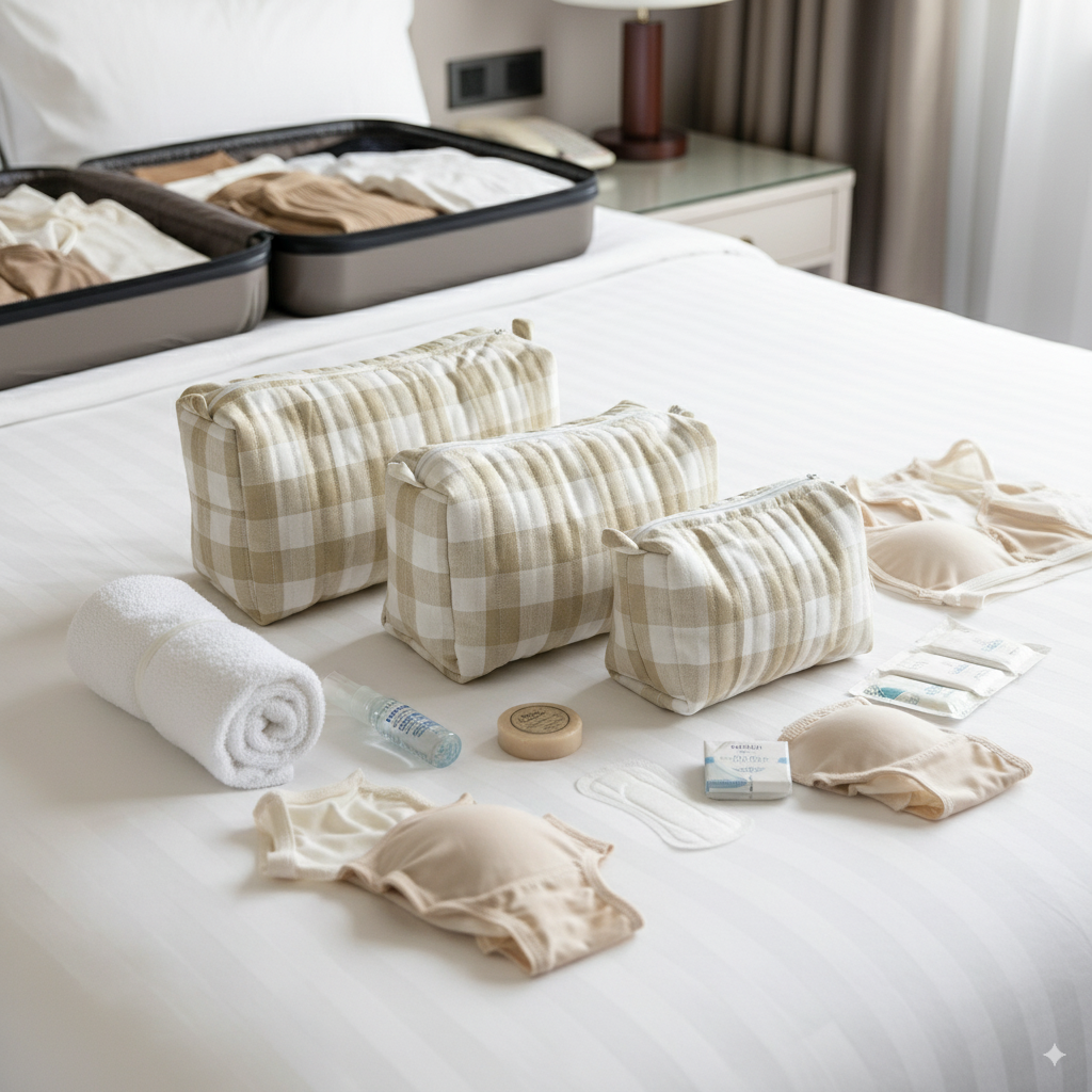 Quilted Pouches - Beige Gingham Checks
