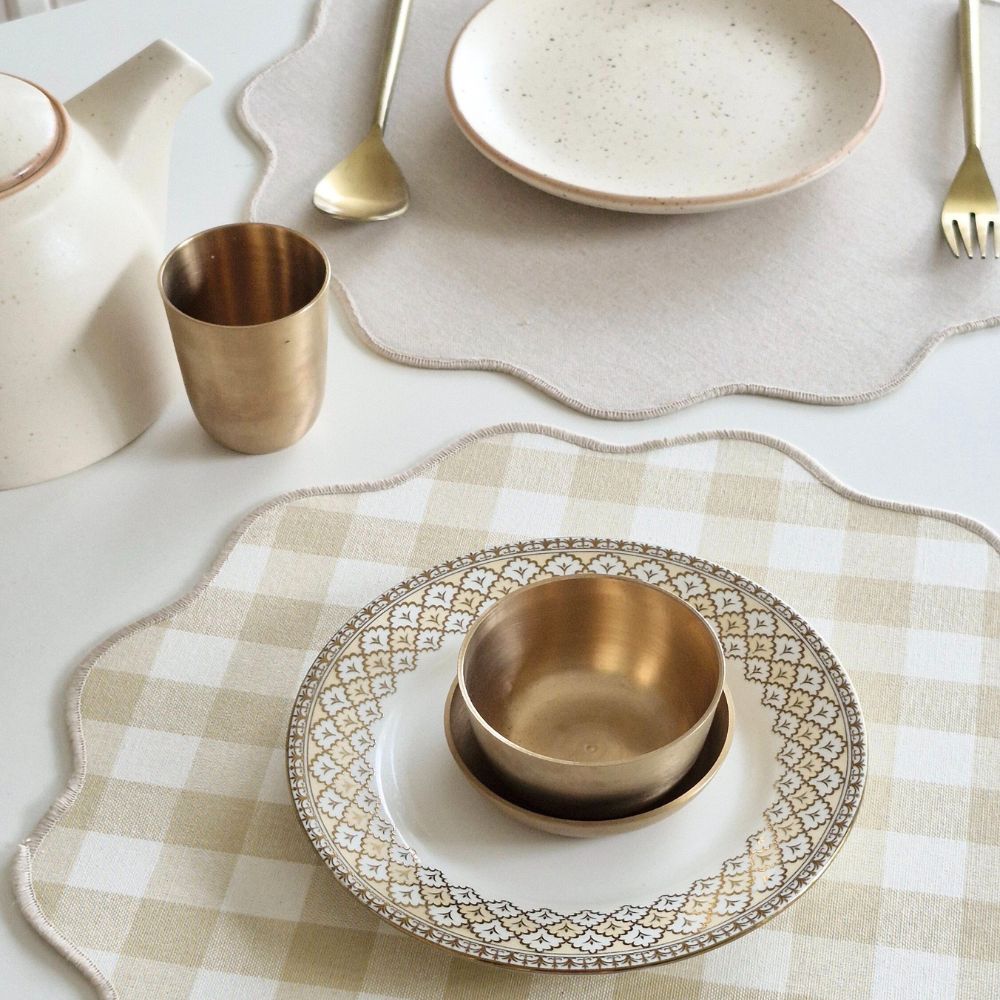 Farmhouse - Beige Gingham Checks Placemats Round Scalloped (15") Beige