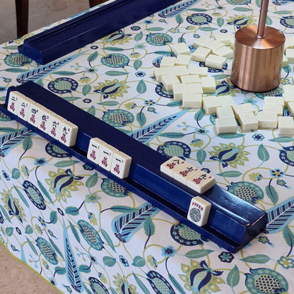 Square mahjong tablecloth, white with blue and green botanical and medallion motifs