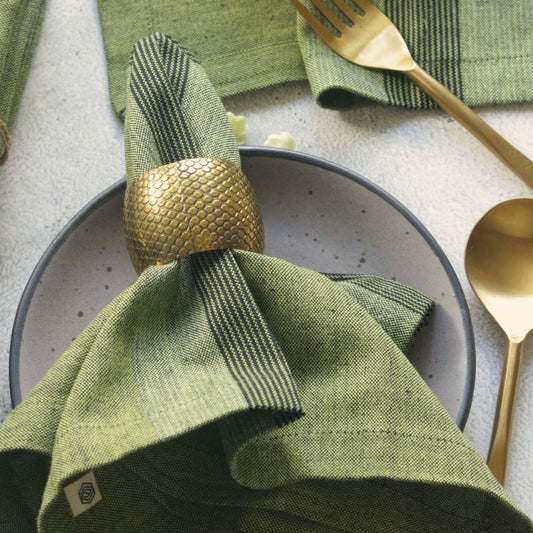 Moss green cotton table napkin, striped wrap with textured gold napkin ring