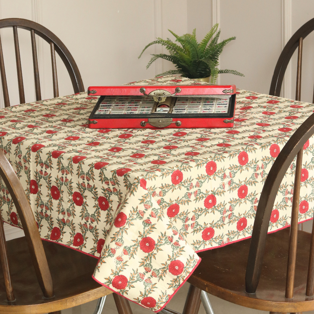 Field of Poppies Mahjong Tablecloth + Serene Sunset & Moss Green Chambray Mahjong Mat