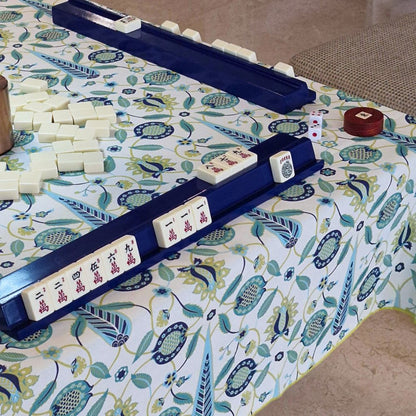 Square mahjong tablecloth featuring blue and green birds, leaves, and ornate oval motifs