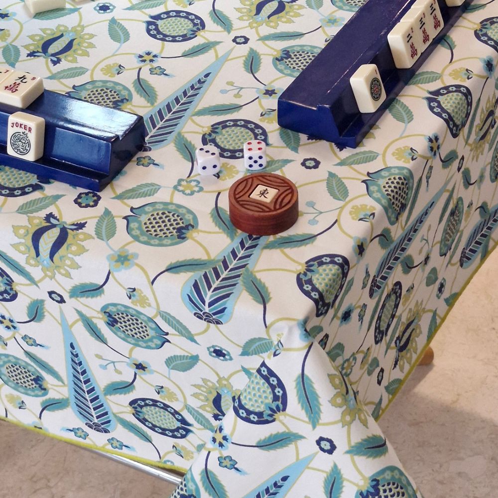Square mahjong tablecloth, white with blue and green botanical vines and leaf motifs