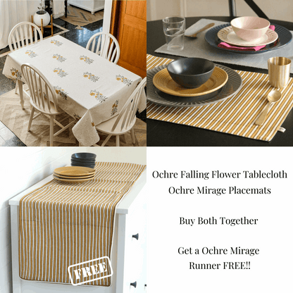 Ochre Falling Flower Tablecloth + Ochre Mirage & Grey Chambray Placemats Combo