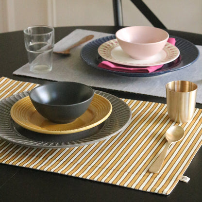 Ochre Falling Flower Tablecloth + Ochre Mirage & Grey Chambray Placemats Combo