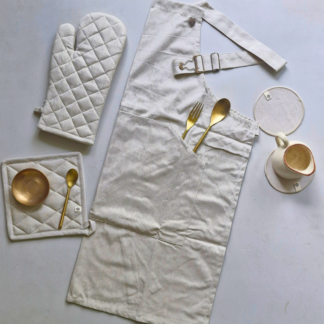 Spill-Resistant, 3-pocket, Cotton Apron - Beige Beige