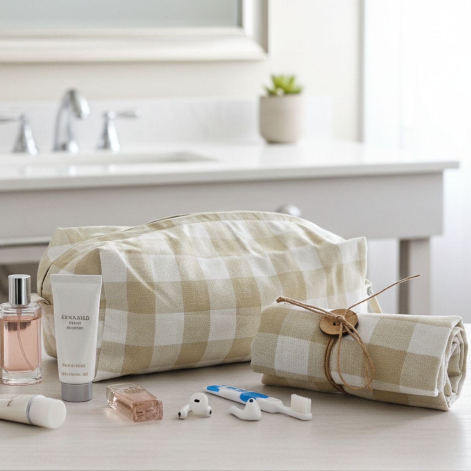 Tuck & Go Pouch - Beige Gingham Checks