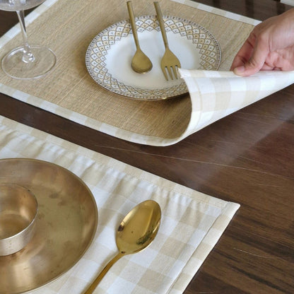Beige Gingham Checks Hybrid Placemats Rectangle (12" x 17") Beige