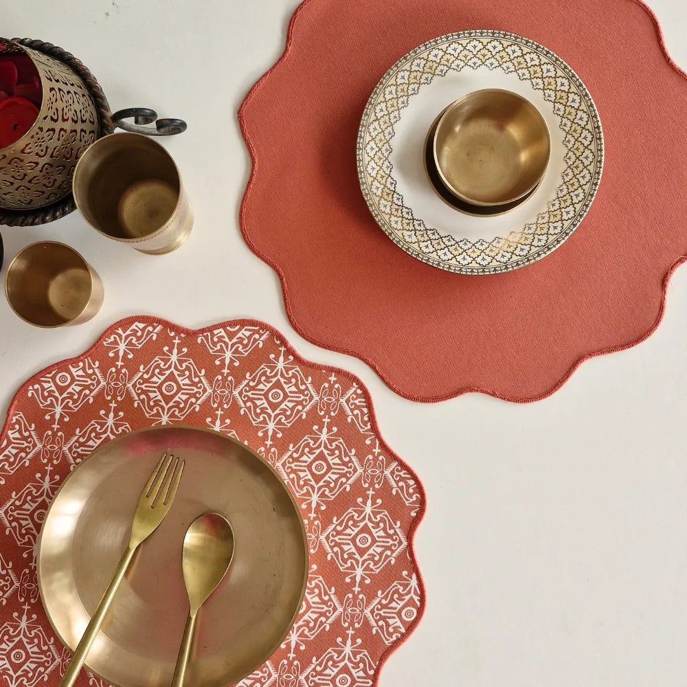 Agra Red Placemats by The Yard House in terracotta pink, set of 4, featuring bold geometric patterns and traditional India...