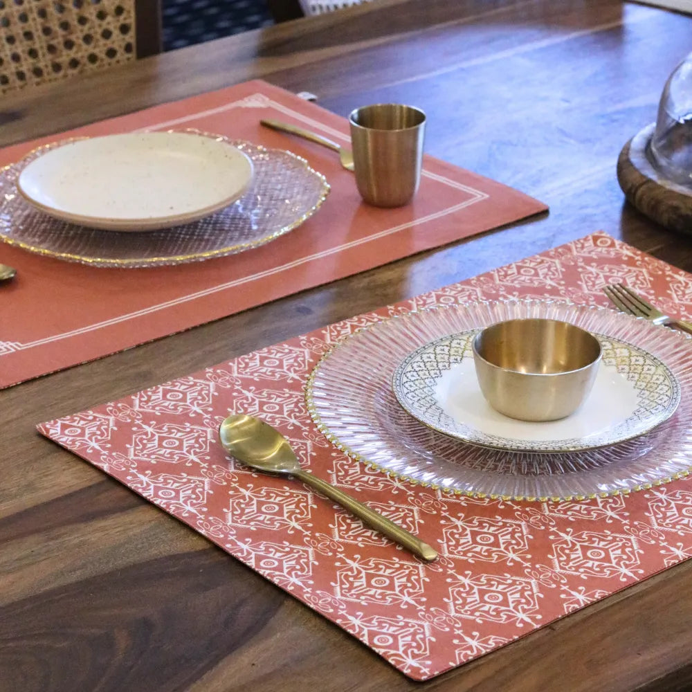 Agra Red Placemats by The Yard House in terracotta pink, set of 4, featuring bold geometric patterns and traditional India...