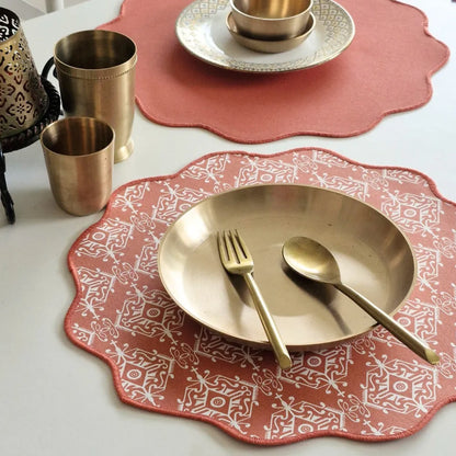 Agra Red Placemats by The Yard House in terracotta pink, set of 4, featuring bold geometric patterns and traditional India...