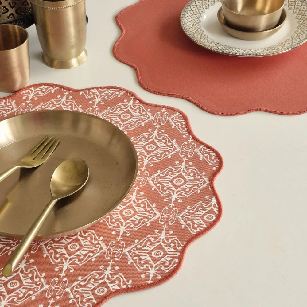 Agra Red Placemats by The Yard House in terracotta pink, set of 4, featuring bold geometric patterns and traditional India...