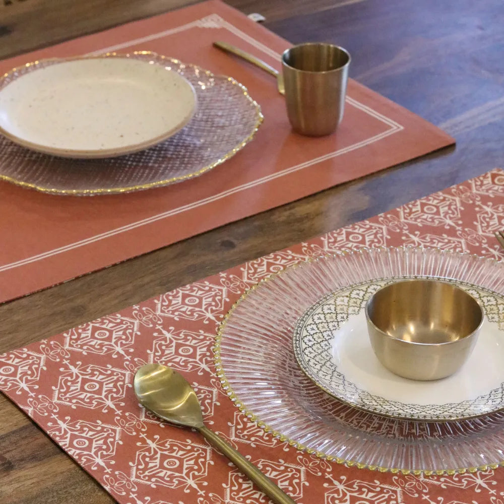Agra Red Placemats by The Yard House in terracotta pink, set of 4, featuring bold geometric patterns and traditional India...