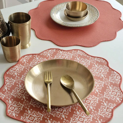 Agra Red Placemats by The Yard House in terracotta pink, set of 4, featuring bold geometric patterns and traditional India...