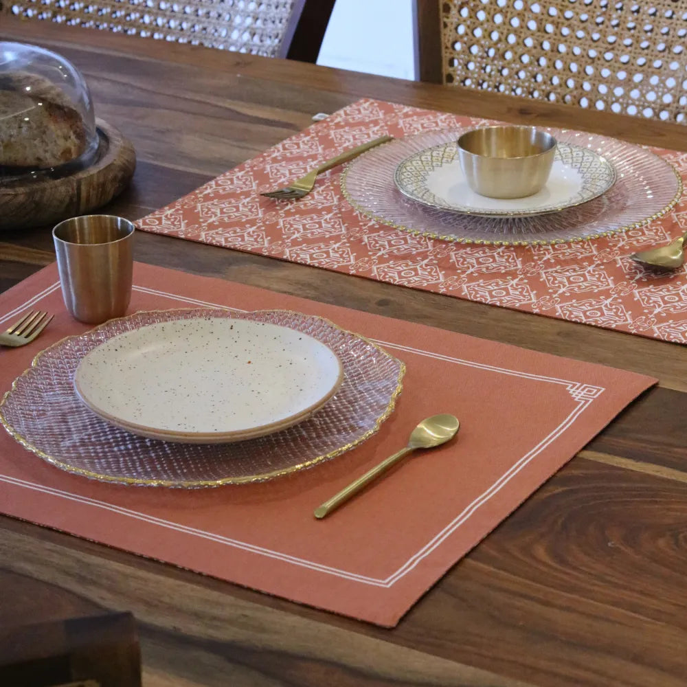 Agra Red Placemats by The Yard House in terracotta pink, set of 4, featuring bold geometric patterns and traditional India...