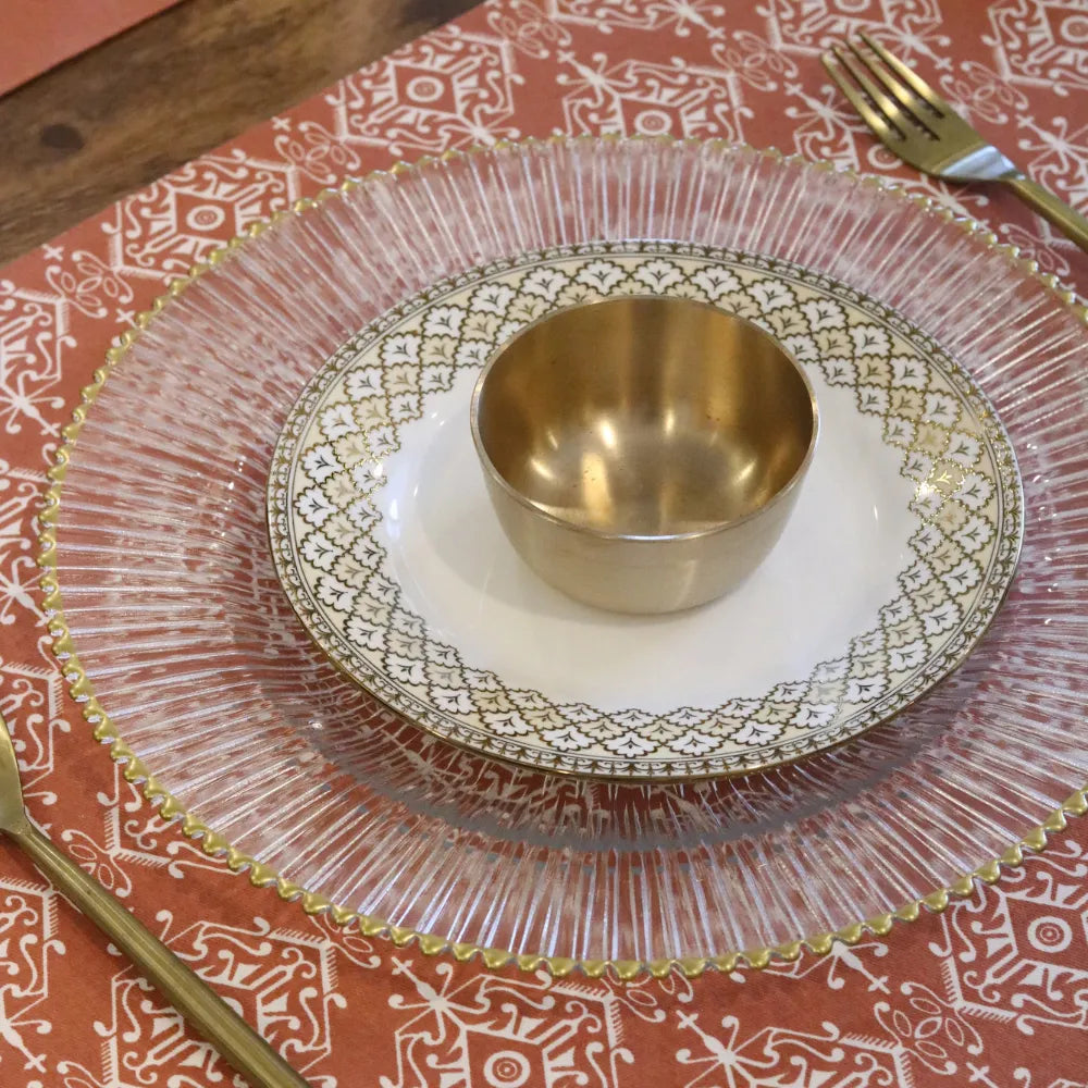 Agra Red Placemats by The Yard House in terracotta pink, set of 4, featuring bold geometric patterns and traditional India...