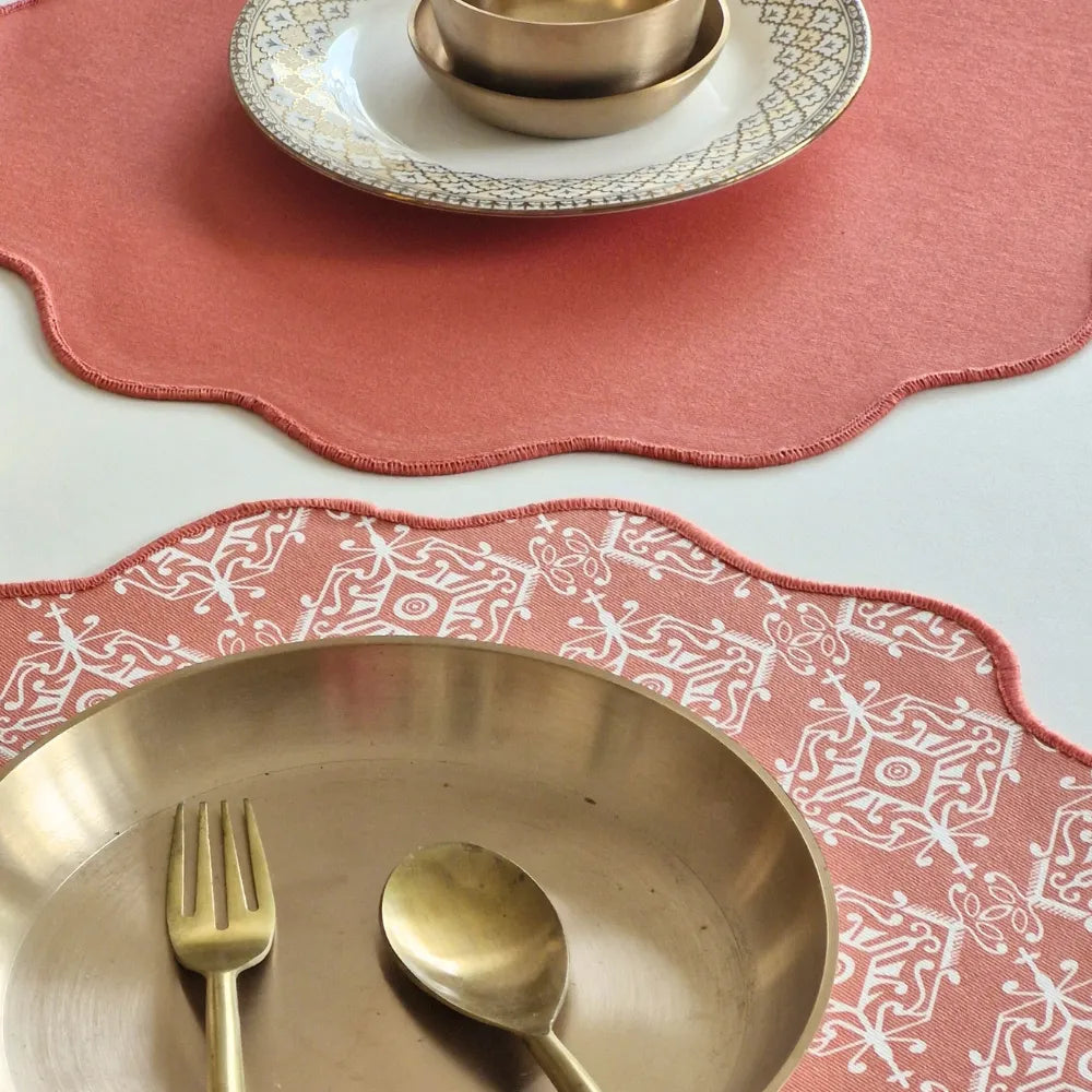 Agra Red Placemats by The Yard House in terracotta pink, set of 4, featuring bold geometric patterns and traditional India...