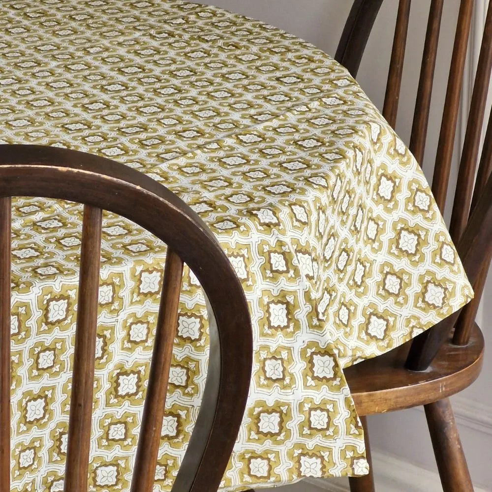 Chai & Toast Tablecloth by The Yard House in beige and brown, featuring geometric patterns, available in 4-seater round, s...
