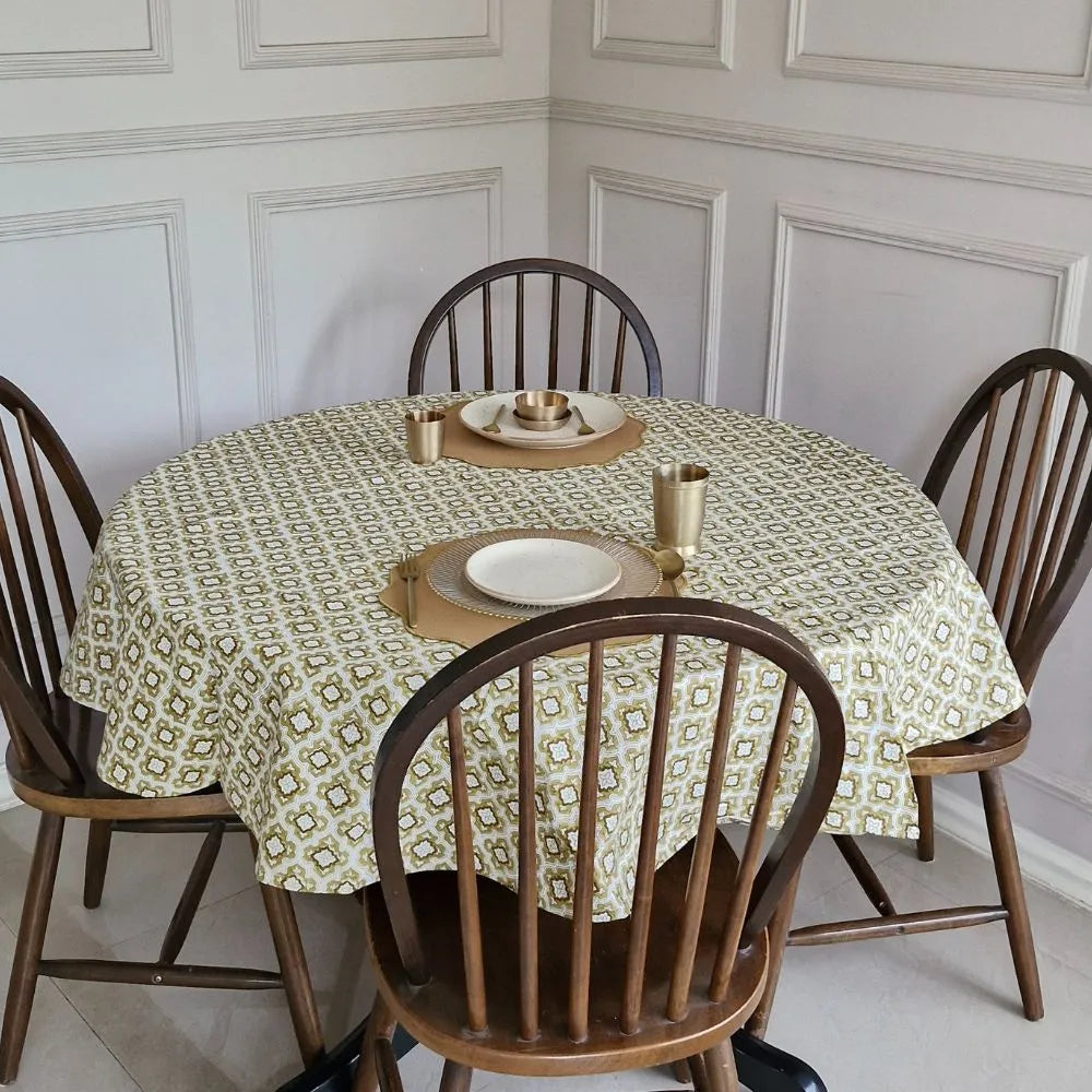 Chai & Toast Tablecloth by The Yard House in beige and brown, featuring geometric patterns, available in 4-seater round, s...