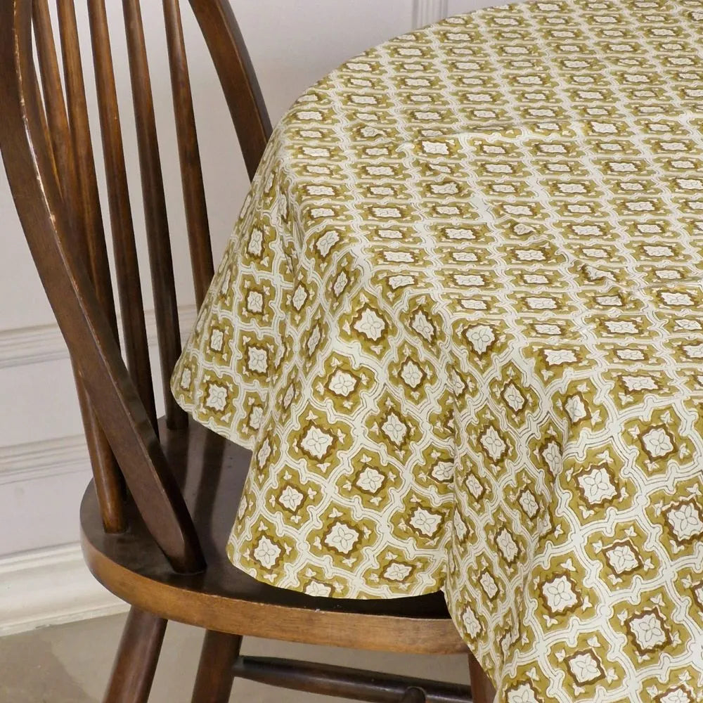 Chai & Toast Tablecloth by The Yard House in beige and brown, featuring geometric patterns, available in 4-seater round, s...