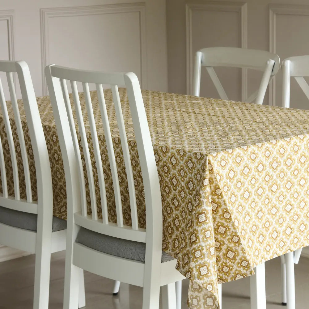Chai & Toast Tablecloth by The Yard House in beige and brown, featuring geometric patterns, available in 4-seater round, s...