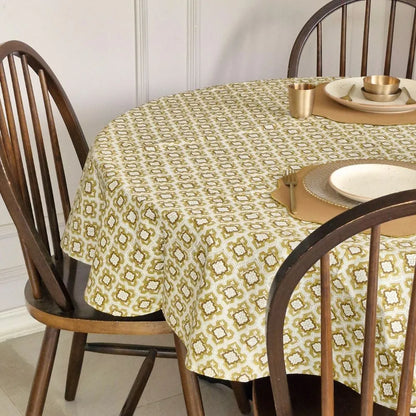 Chai & Toast Tablecloth by The Yard House in beige and brown, featuring geometric patterns, available in 4-seater round, s...