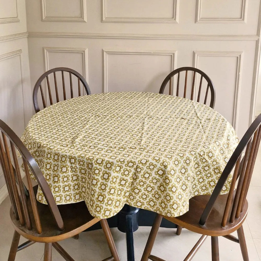 Chai & Toast Tablecloth by The Yard House in beige and brown, featuring geometric patterns, available in 4-seater round, s...