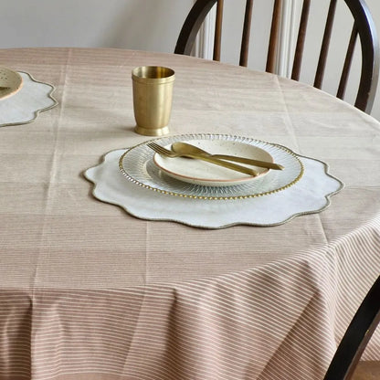 Cinnamon Cream Tablecloth by The Yard House in beige and brown, available in 60” square, round, or 48”x72” rectangle, perf...