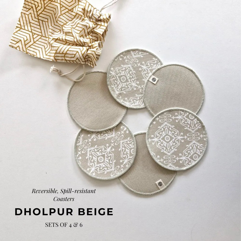 Set of 4 Dholpur Beige cotton coasters by The Yard House, ideal kitchen essentials for protecting surfaces.