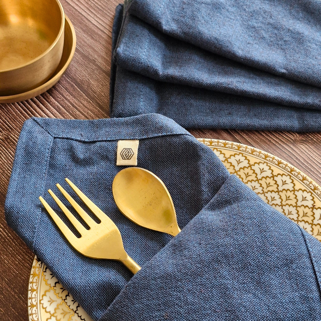 Aegean Blue Cotton Table Napkins by The Yard House, set of 4, featuring minimalist prints and bold colors from the Bhujodi...