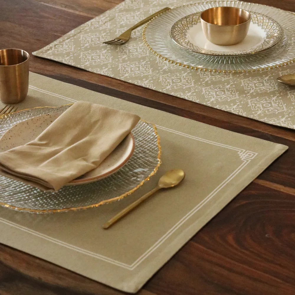 Dholpur Beige Placemats by The Yard House, featuring abstract geometric patterns in neutral tones, available in rectangula...