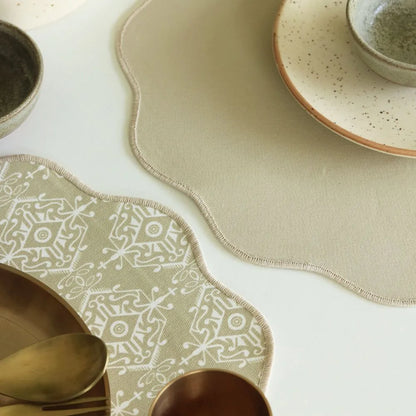 Dholpur Beige Placemats by The Yard House, featuring abstract geometric patterns in neutral tones, available in rectangula...