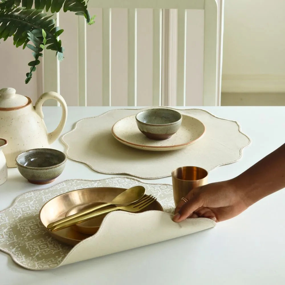 Dholpur Beige Placemats by The Yard House, featuring abstract geometric patterns in neutral tones, available in rectangula...