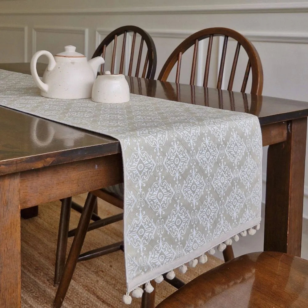 Dholpur Beige Reversible Runner by The Yard House, featuring geometric patterns in neutral tones, available for 4, 6, or 8...