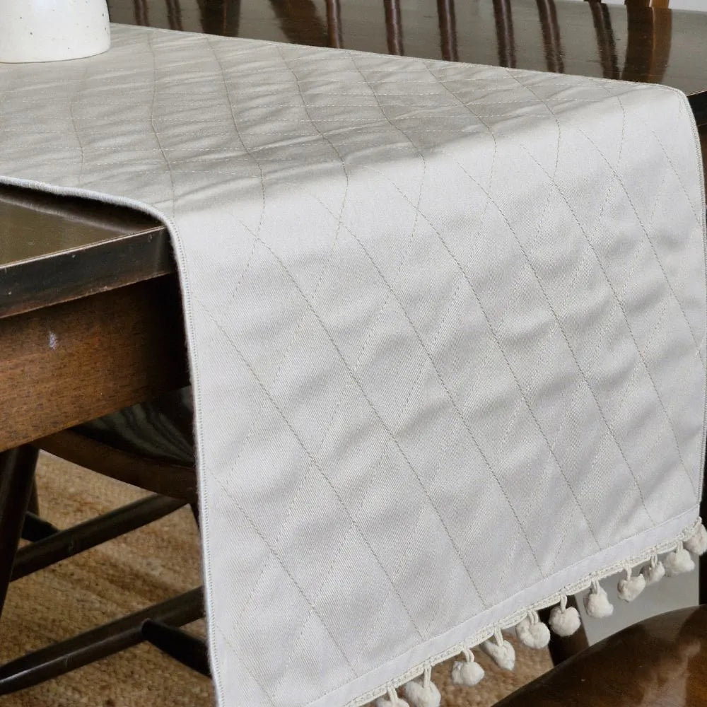 Dholpur Beige Reversible Runner by The Yard House, featuring geometric patterns in neutral tones, available for 4, 6, or 8...
