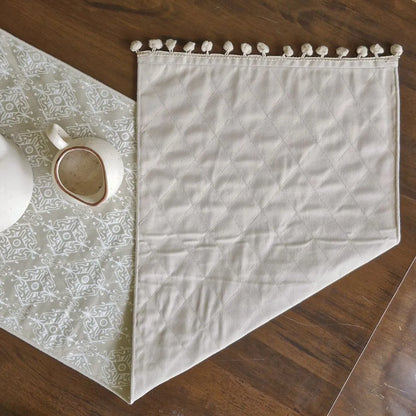 Dholpur Beige Reversible Runner by The Yard House, featuring geometric patterns in neutral tones, available for 4, 6, or 8...